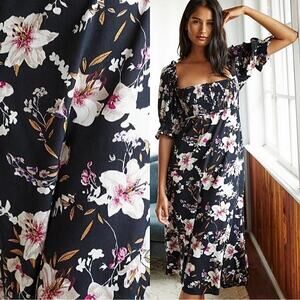 Anthropologie Floral Midi Dress Smocked Bust Puff Sleeve Lilies Black Small New